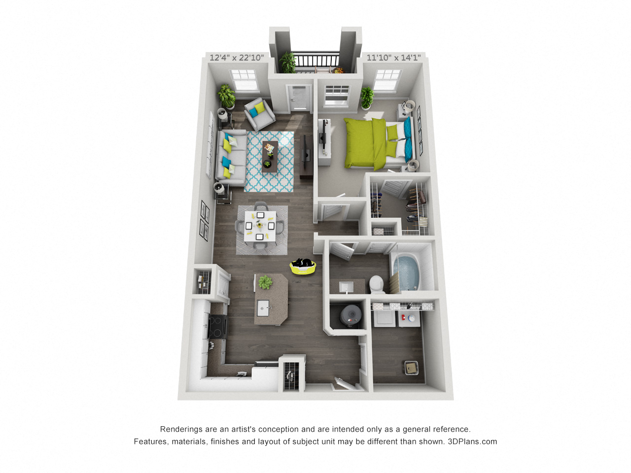 Floor plan for 1 bed, 1 bath, 833 sqft